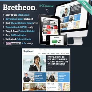 "Bretheon WordPress theme with responsive layout for corporate, business, and professional service websites"