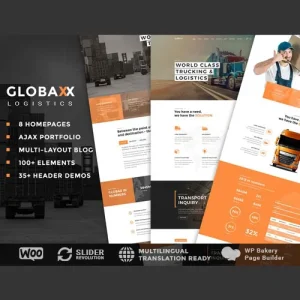 Globax – Logistics WordPress Theme with WooCommerce integration featuring shipment tracking, cargo management, and booking functionality for logistics and transport businesses.