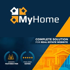 "MyHome WordPress theme with responsive layout for real estate listings, agents, and property search websites"